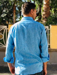 Camicia da uomo in lino manica lunga, turchese