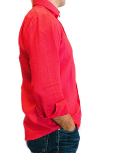 Camicia da uomo in lino manica lunga corallo