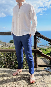 Pantaloni blu lunghi in lino