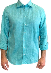 Camicia da uomo in lino manica lunga, verde smeraldo