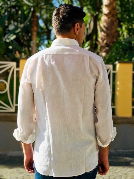 Camicia da uomo in lino bianco manica lunga