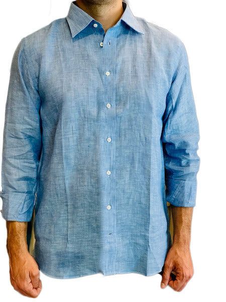 Camicia da uomo in lino manica lunga azzurro
