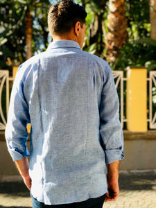 Camicia da uomo in lino manica lunga azzurro