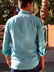 Camicia da uomo in lino manica lunga, verde smeraldo