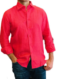 Camicia da uomo in lino manica lunga corallo