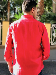 Camicia da uomo in lino manica lunga corallo